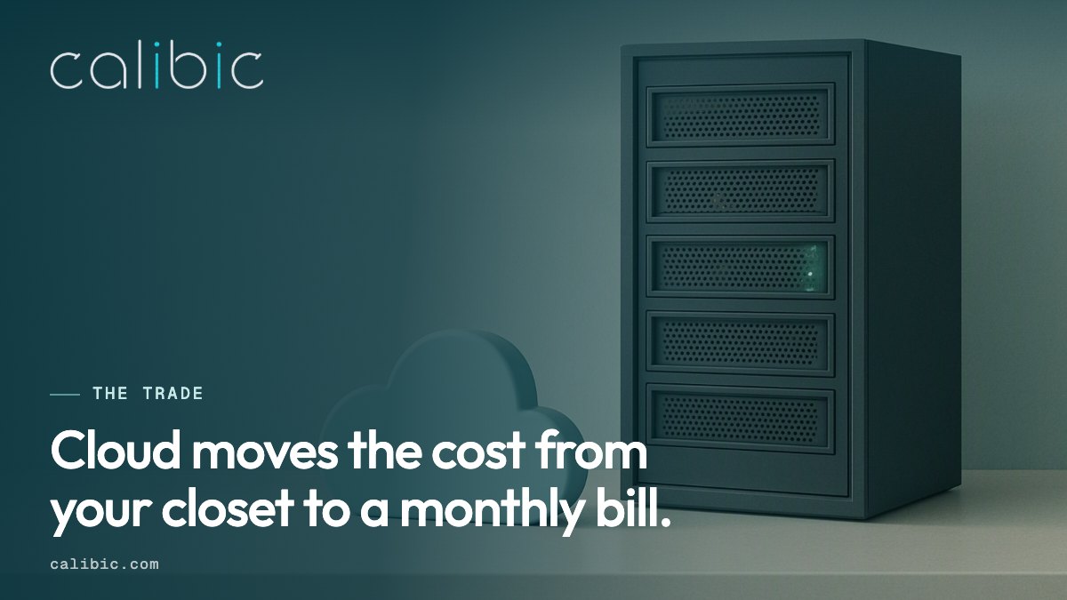 Two calm objects on a desk, a server cabinet and a cloud shape, one lit in teal