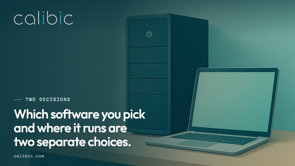 A server cabinet and a laptop shown as two ways to run the same dental software