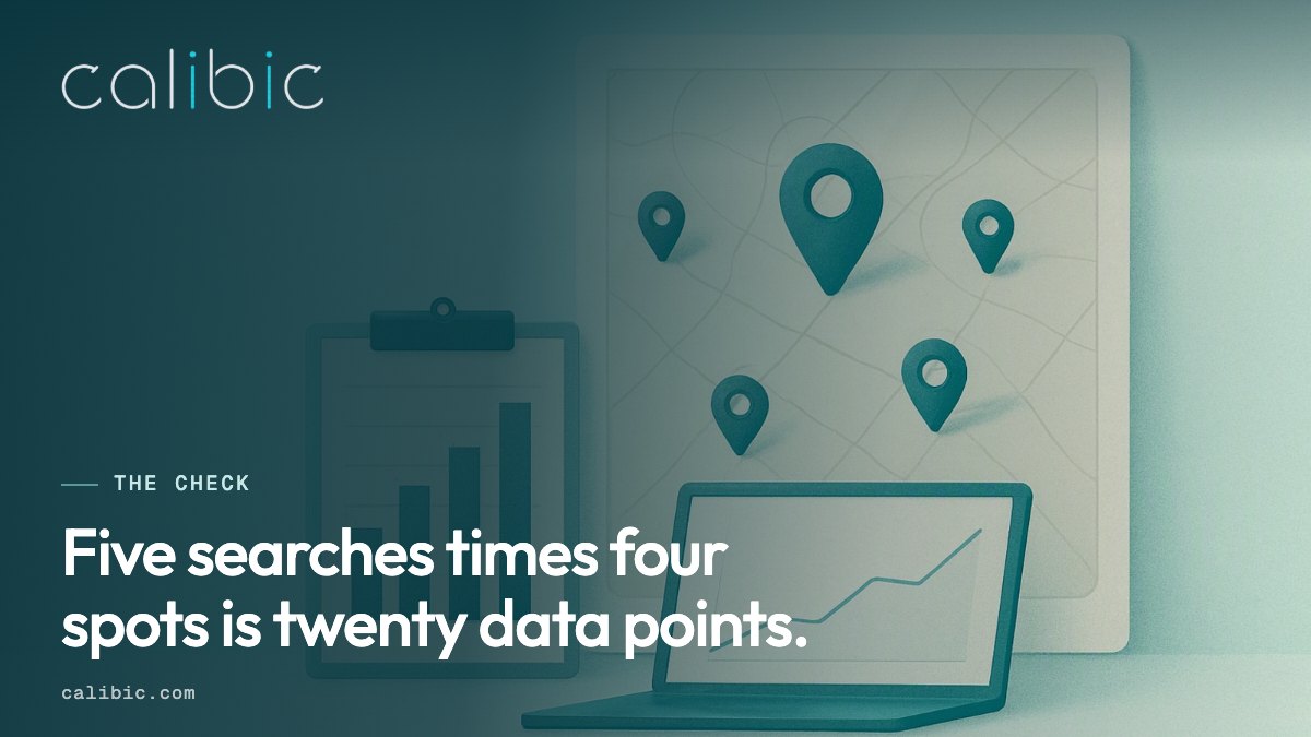 Five searches from four spots give twenty data points